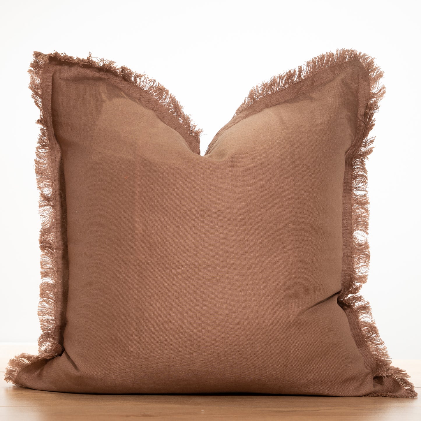 (Set of 2) 100% linen cushion cover, Hand made Fringed edge - Dusty brown