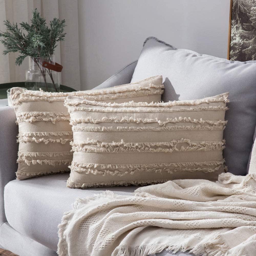 Boho tassled Cushion Covers - Beige (Set of 2 ) 50cm by 30cm