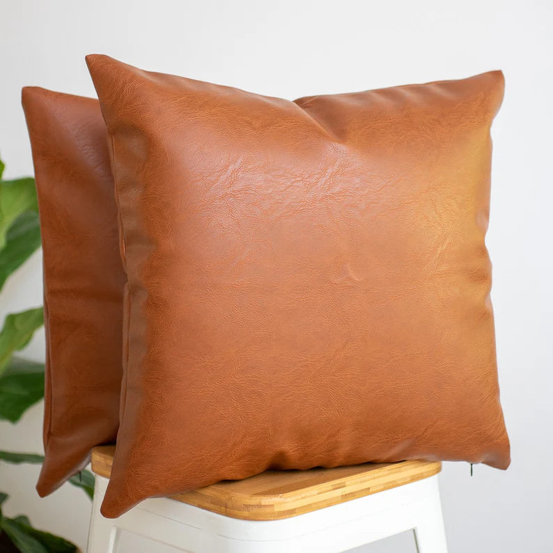 Set of 2 Faux Leather Cushion Covers - Cognak 50cm