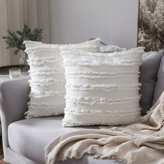 Boho tassled Cushion Covers - White (Set of 2 ) 50cm